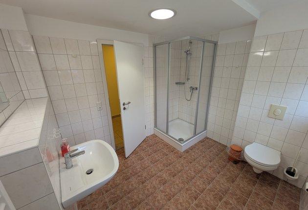 Auf dem Bild ist eine Badezimmer mit einer Dusche, einem Waschbecken und einem Spiegel sowie einer Toilette zu sehen.